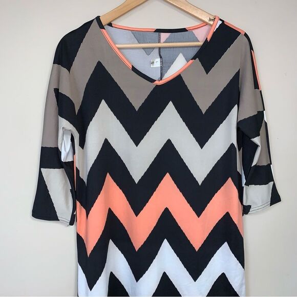 Chevron Tunic Dress Zig Zag Women’s Large Black Peach Long Shirt Top Fall Retro - Picture 4 of 10